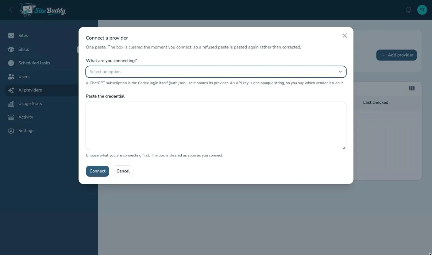 The Connect a provider window