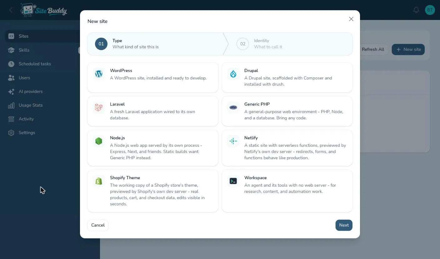 The New site wizard on its Type step